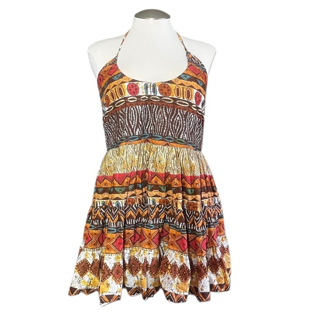 Angie Multicolor Tribal Print Halter Mini Dress - Brown, Yellow, Red
